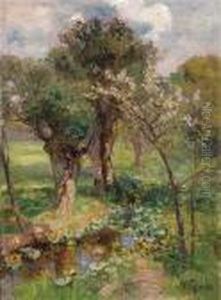 Fruhlingslandschaft Mit Bach, Dotterblumen Und Bluhenden Baumen by Marie Egner