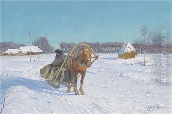 A Horse Drawn Sleigh In A Russian Winter Landscape - view 1
