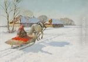 A Winter Scene With A Figure On A Horse-drawn Sleigh by Andrei Afanas Evich Egorov