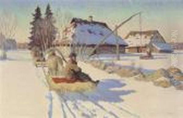 Verschneite Winterlandschaft Mit Pferdeschlitten - view 1