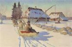 Verschneite Winterlandschaft Mit Pferdeschlitten by Andrei Afanas Evich Egorov