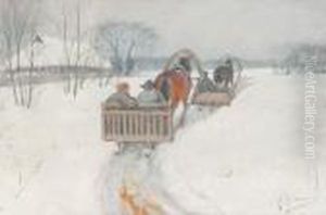 Two Horse-drawnsleighs Following In The Snow