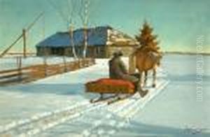 Sonnigewinterlandschaft Mit Bauerin Und Pferdeschlitten