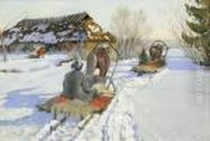 Auf Dem Heimweg: Zwei Pferdeschlitten In Tief Verschneiter Winterlandschaft