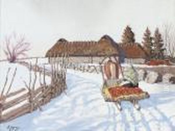 A Troika Before A Farmstead In The Snow - view 1