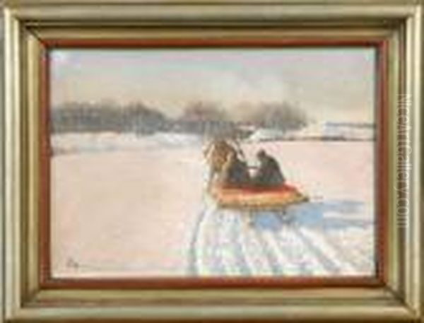 A : Vinterlandskap Med Sallskap Pa Slade - view 1