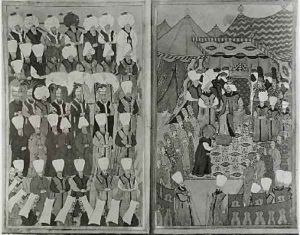 Sultan Ahmed III Distributing Money in front of the Kiosk of Baghdad during the Circumcision Ceremonies by Levni