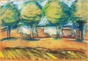 Ploughing With Four Oxes, Around 1926 by Jozsef Egry