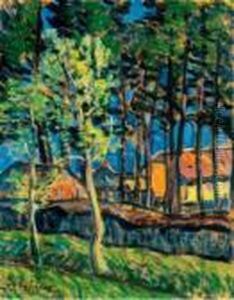 Sunlit Houses Among Trees by Jozsef Egry