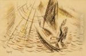 Man, Sitting In A Boat (golden Gate On The Lake Balaton) by Jozsef Egry