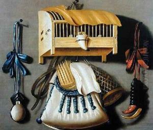 Trompe loeil of hunting equipment and a bird cage by Johannes Leemans