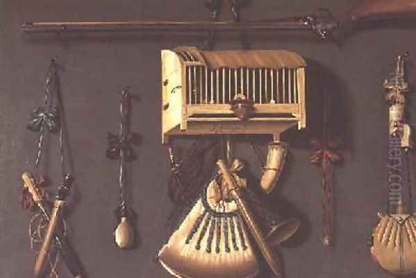 A Trompe lOeil Still life of a Gun a Powder Horn a Caged Bird and Hunting Equipment - view 1