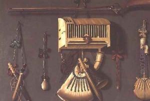 A Trompe lOeil Still life of a Gun a Powder Horn a Caged Bird and Hunting Equipment by Johannes Leemans