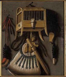 Still life with bird trapping equipment by Johannes Leemans