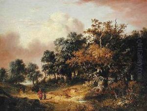 Wooded Landscape with Woman and Child Walking Down a Road