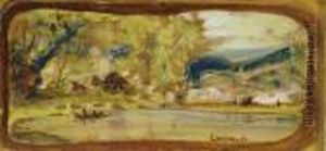 A Lake With Figures Fishing; Also A Painting On The Reverse -double-sided by Louis Michel Eilshemius