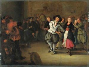A Bridal Couple dancing in an Interior by Gerrit Lundens