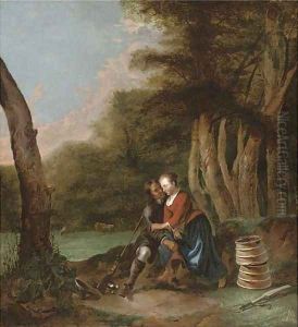 A huntsman courting a milkmaid under a tree in a meadow by Gerrit Lundens