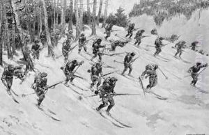 French Alpine troops attacking on skis during World War One by Lever Lemonier