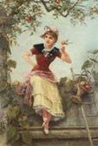 Young Woman Sitting On A Wall Under An Appletree by Eisman Semenowsky