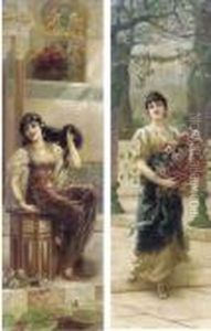 A Lady Styling Her Hair; And A Lady With Flowers