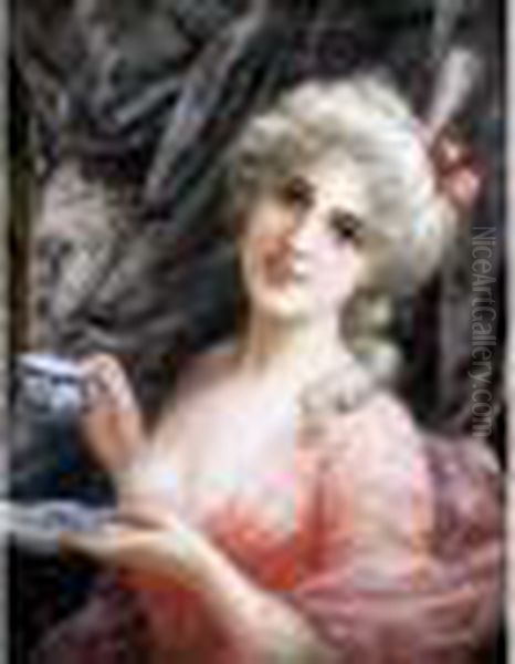 Jeune Femme En Costume Xviiie Tenant Une Tasse A The. - view 1