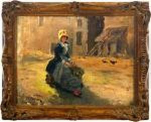 Strom: A Woman On A Yard With Buildings And Chicken. Signed