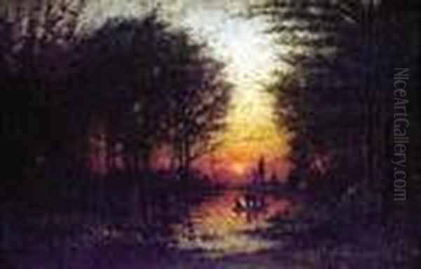 Les Inondations Du Bois De Boulogne Le Soir Au Coucher Du Soleil - view 1