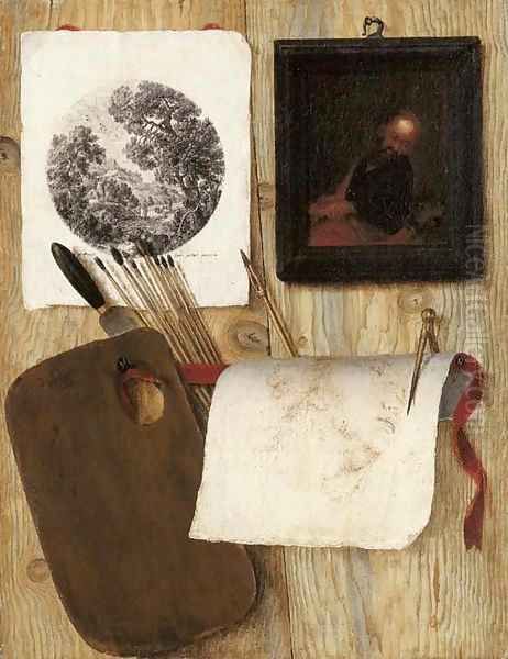 A trompe-l'oeil A palette with a spatula and paint brushes, an engraving, an oil painting, and a drawing with a pen and compass on a wooden partition - view 1