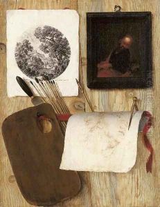 A trompe-l'oeil A palette with a spatula and paint brushes, an engraving, an oil painting, and a drawing with a pen and compass on a wooden partition by Jean-Francois de Le Motte