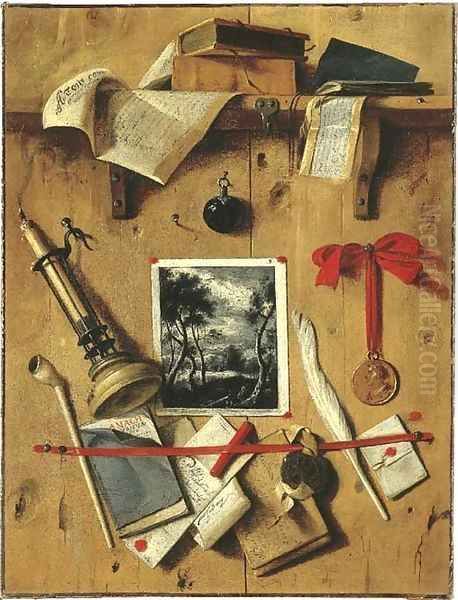 A trompe l'oeil still life of a landscape print, a candle, a medal, a pipe, books and documents affixed to a partition - view 1