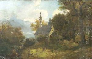 A chapel on a wooded hillside by Adolf Heinrich Lier