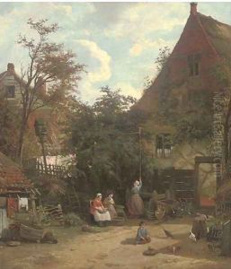 In the farmyard by Adolf Heinrich Lier
