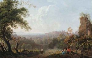 A capriccio landscape of the Roman Campagna, with a shepherd driving his flock