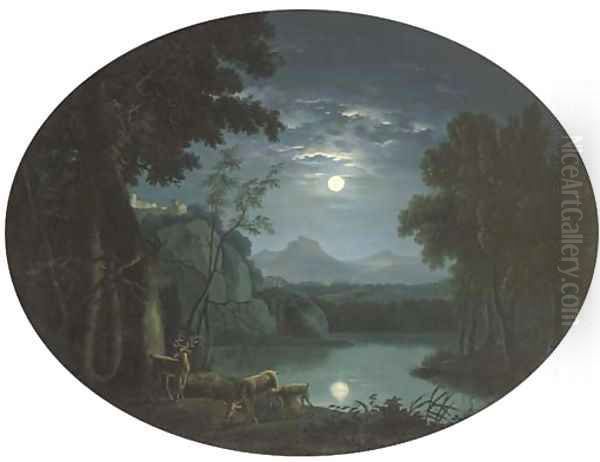 A moonlit landscape with deer by a lake, a hilltop castle beyond - view 1