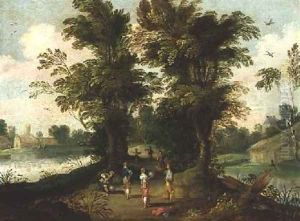 Young men playing a ball game while one blows up a bladder by Jasper van der Lamen