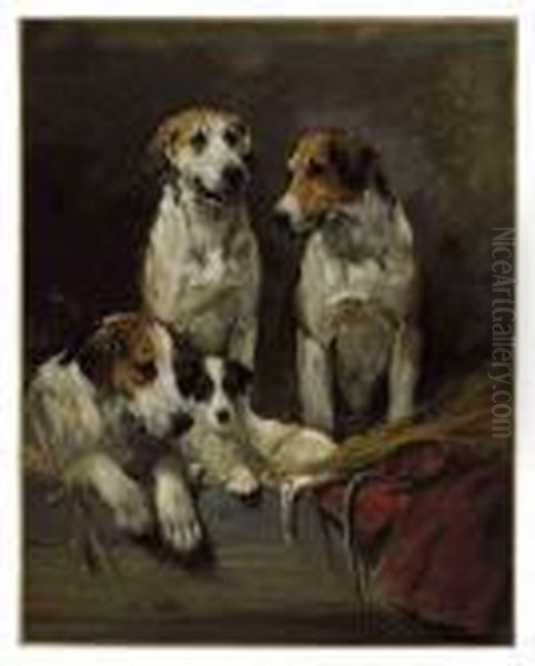 Three Hounds And A Terrier In A Barn Interior - view 1