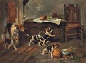 Hounds And Puppies In An Interior by John Emms