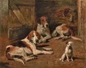 Hounds And A Terrier In A Stable by John Emms