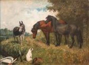 Two Horses And A Donkey Near A
Seated Terrier Beside A Fisherman's Basket And Rowing Boat by John Emms