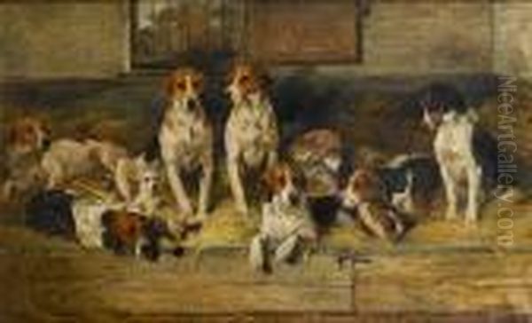 Hounds And A Terrier On A Bench - view 1