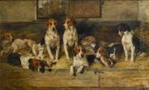 Hounds And A Terrier On A Bench by John Emms