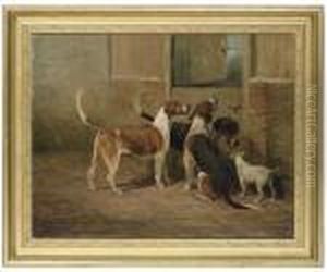 Foxhounds And A Lakeland Terrier By A Stable Door