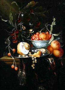 Still life of a peeled lemon with prawns and whitecurrants on a pewter dish by Harmen Loeding
