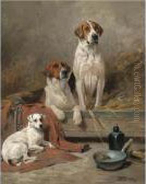 Foxhounds And A Terrier Waiting For The Hunt - view 1