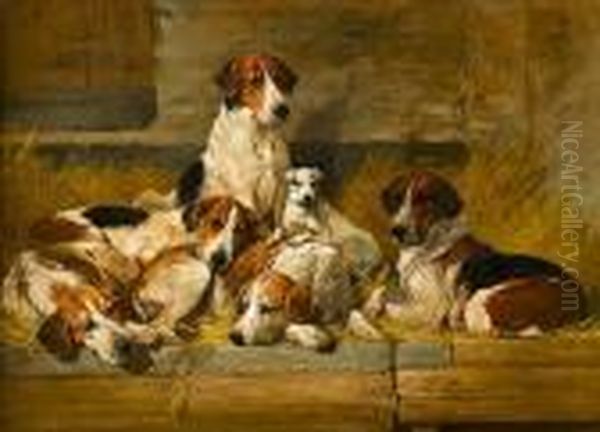 Foxhounds And A Hunt Terrier On A Bench - view 1