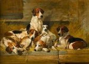 Foxhounds And A Hunt Terrier On A Bench by John Emms