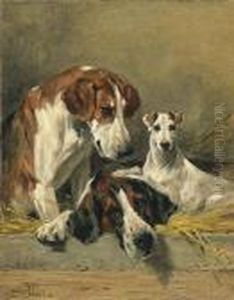 Two Foxhounds And A Terrier In A Straw Bed by John Emms