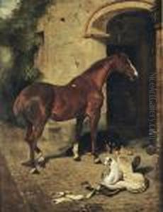 A Chestnut Hunter With A Collie And A Jack Russell Outside A Stable by John Emms