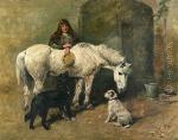 A Girl With Her Horse And Two Dogs At The Stable - view 1